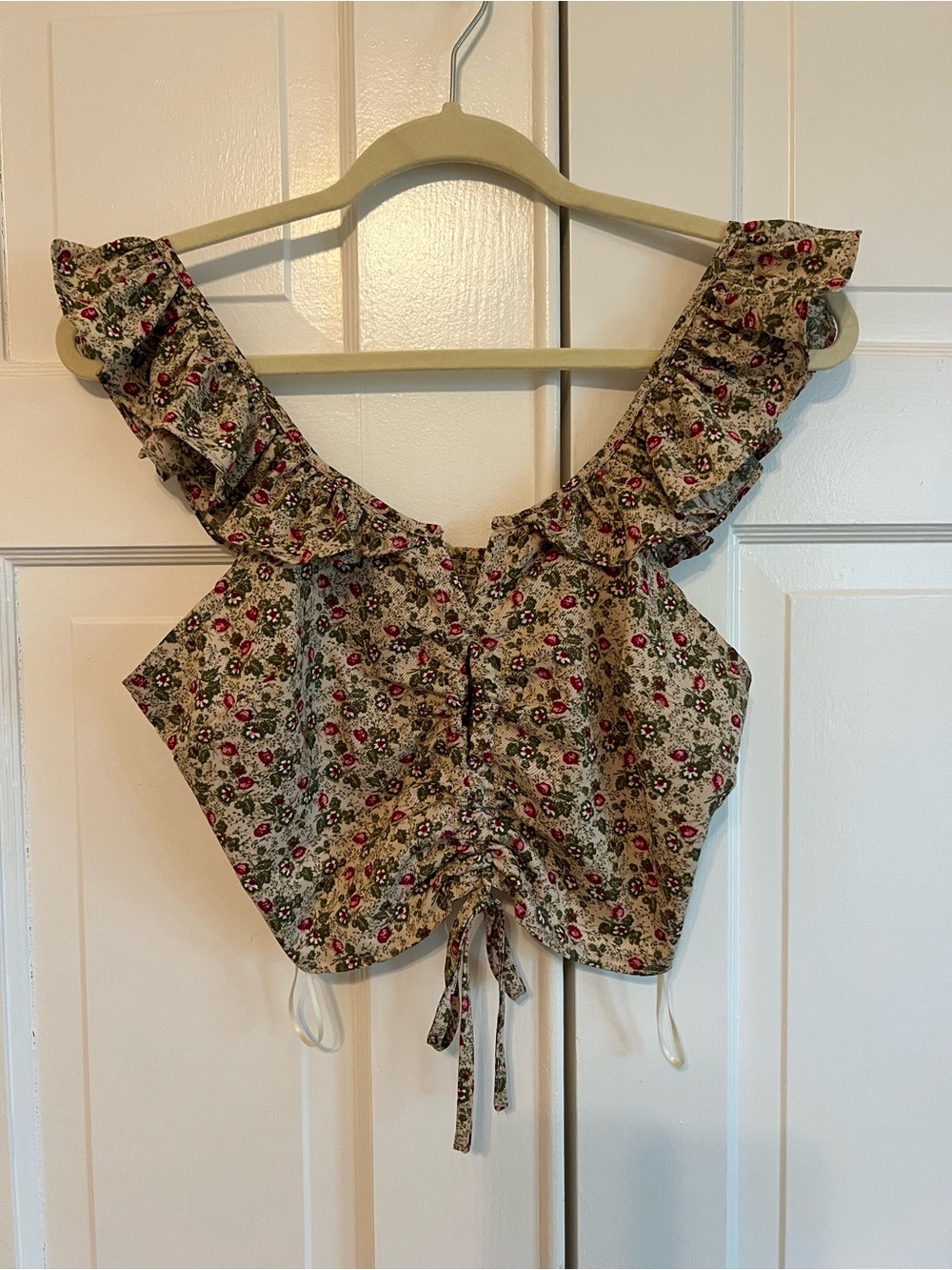 Floral Ruffle Tie-Front Crop Top - Beige